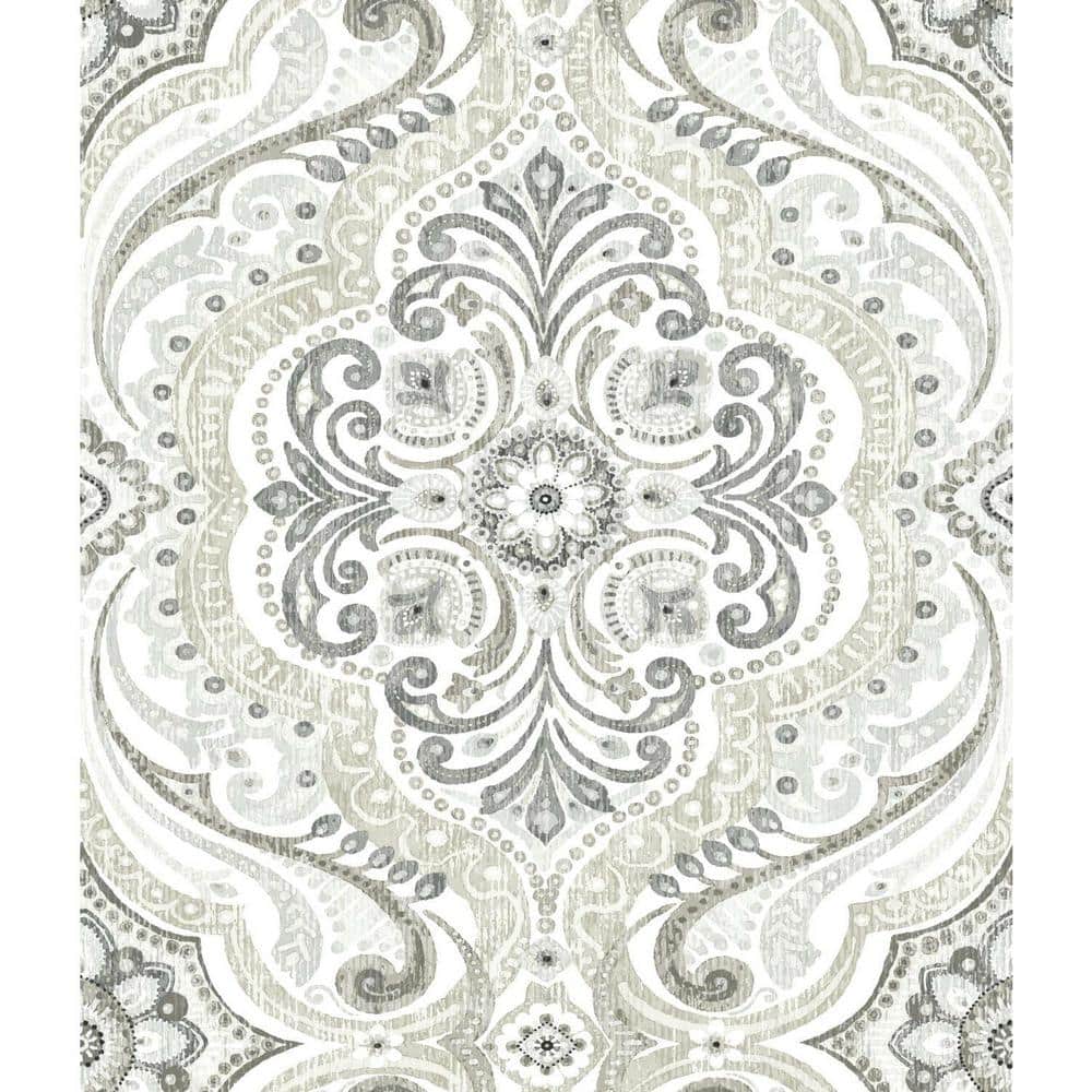 Taupe and Gray Damask Peel and Stick Wallpaper Roll