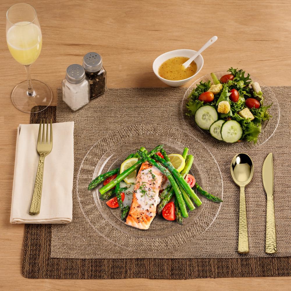 Perfect Settings Tableware 150 Pieces Gold Plastic Disposable Cutlery Set - Metallic Plastic Silverware With A Hammered Finish-50 Sets (Set of 150)