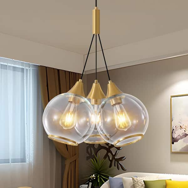 Deyidn 3-Light Gold Chandelier Height Adjustable with 3 Globe Clear Glass Shade for Dining Room with no Bulbs Included