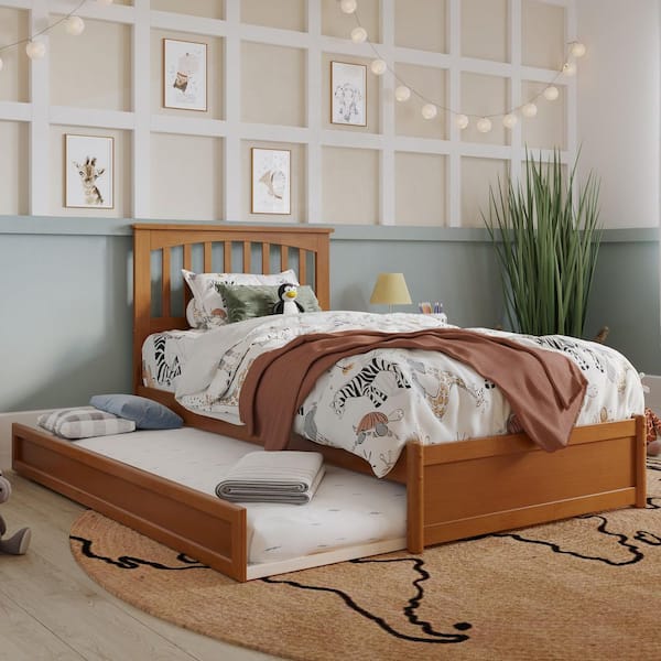 AFI Everett Light Toffee Natural Bronze Solid Wood Frame Twin Platform Bed with Panel Footboard Twin Trundle