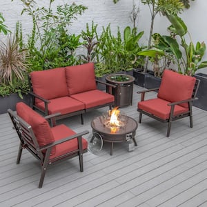 Walbrooke Brown 5-Piece Aluminum Round Patio Fire Pit Set with Red Cushions, Slats Design and Tank Holder