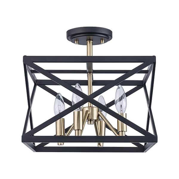 Monteaux Lighting 13 in. 4-Light Black and Gold Semi-Flush Mount Ceiling Light with Caged Metal Shade
