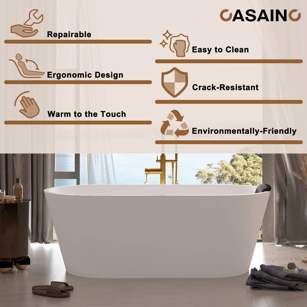 67" White Solid Surface Freestanding Soaking Tub with Black Pillow
