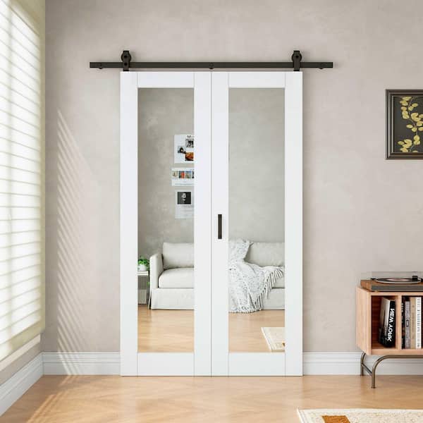 48 in. x 80 in. 1 Lite Mirrored Glass White Primed MDF DIY Painting Bifold Sliding Barn Door with Hardware Kit