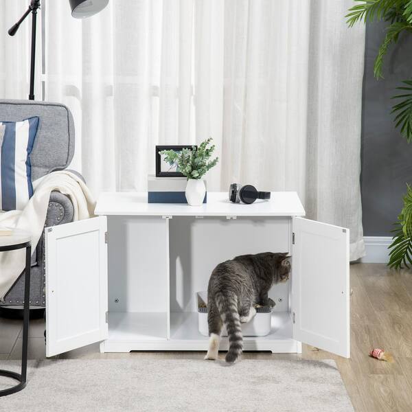 Visionwards Cat Litter Box Enclosure, Wood Cat Litter Box Furniture Hidden with Door and Vent, Pet Washroom Crate, White好評販売中
