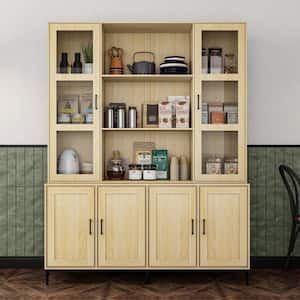 Yellow Painted Wooden 59 in. W Buffet and Hutch Kitchen Cabinet with Door Cabinets and Adjustable Shelves, Glass Doors