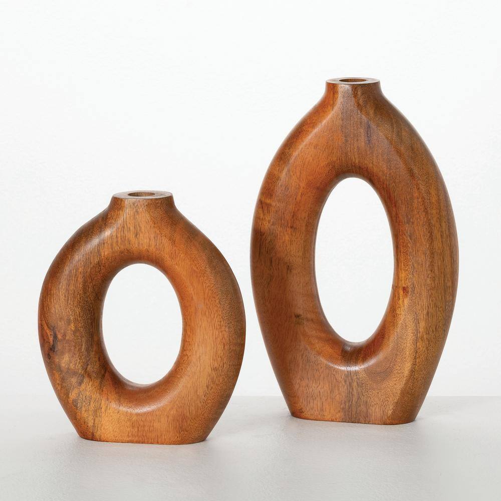 Set of Two Brown Mango Wood Hollow Oval Vases