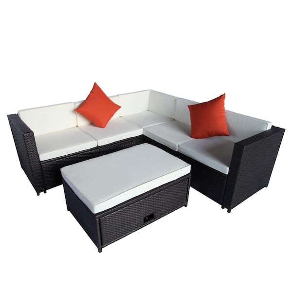 URTR 4-Piece Patio Furniture Set Outdoor PE Rattan Wicker Sofa & Storage Table Set Conversation Set for Garden, Beige Cushion