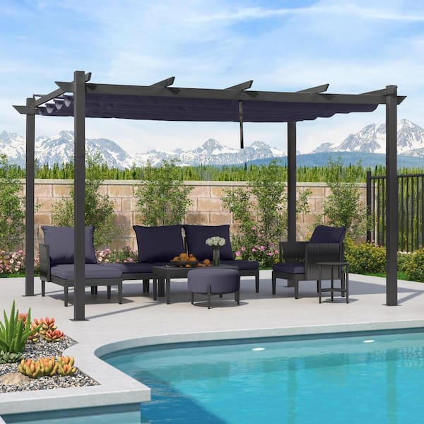 10 ft. W x 13 ft. D Outdoor Gray Aluminum Pergola with Navy Blue Adjustable Sun Shelter Canopy and Extra Roof Layer