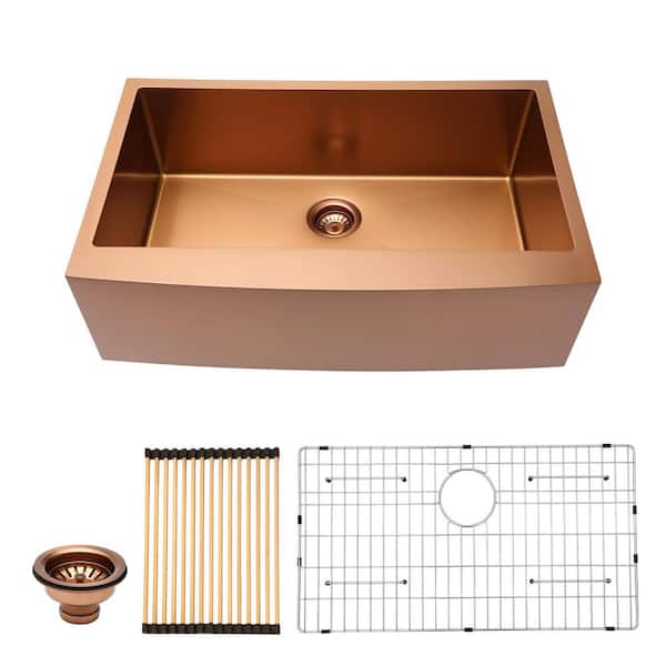 CASAINC Rose Gold Stainless Steel 33 in. Single Bowl Farmhouse Apron Kitchen Sink with Bottom Grid