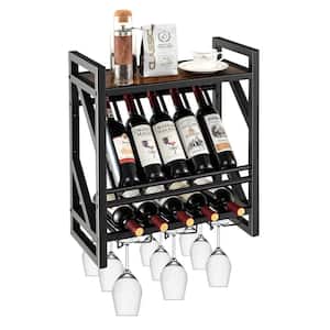 Wall Mounted Rustic Wine Rack 10-Bottles Wine Display Holder W/Glass Holder