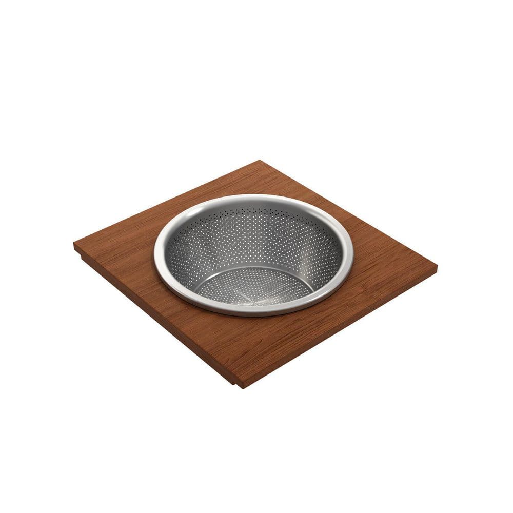 16" Brown Wood Prep Board with Stainless Steel Mixing Bowl