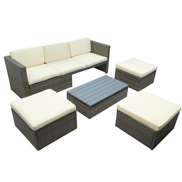 Sudzendf 5-Piece Wicker Patio Conversation Set, Sofa Set with Beige Cushions, Adustable Backrest and Lift Top Coffee Table
