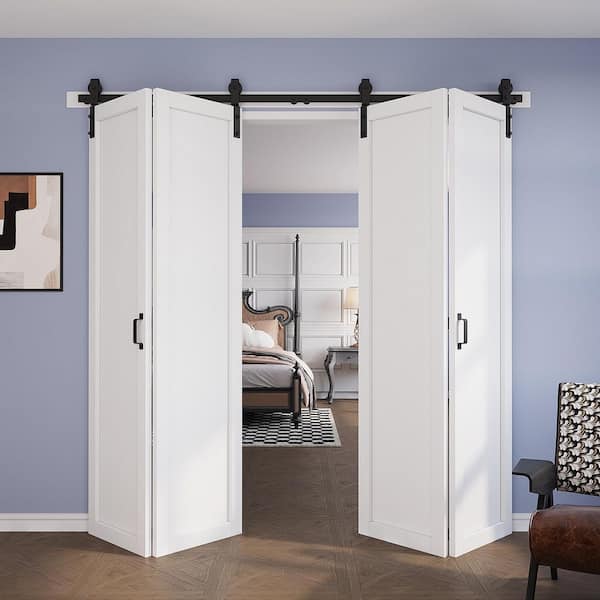 80 in. x 84 in. Assembled Bi-Fold 1 Panel White Primed DIY Available Solid Core MDF Sliding Barn Door with Hardware Kit