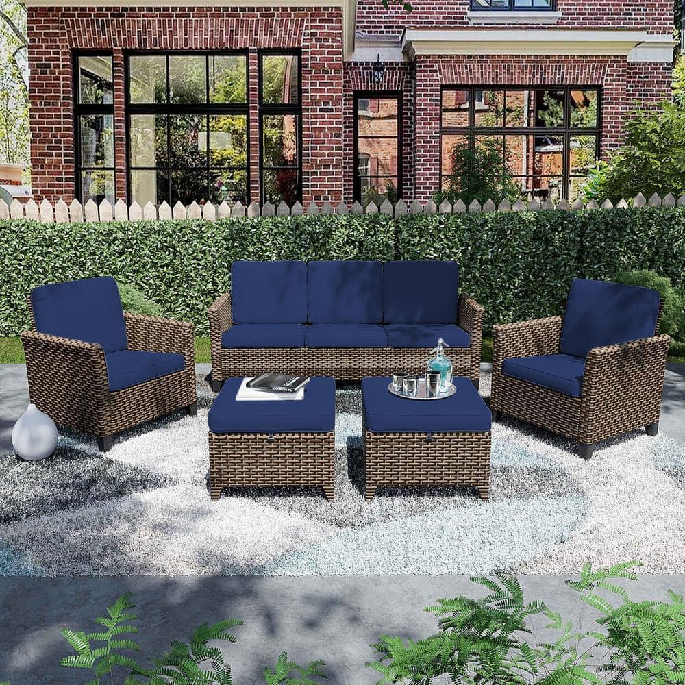 5-Piece Brown Wicker Patio Set with Blue Cushions