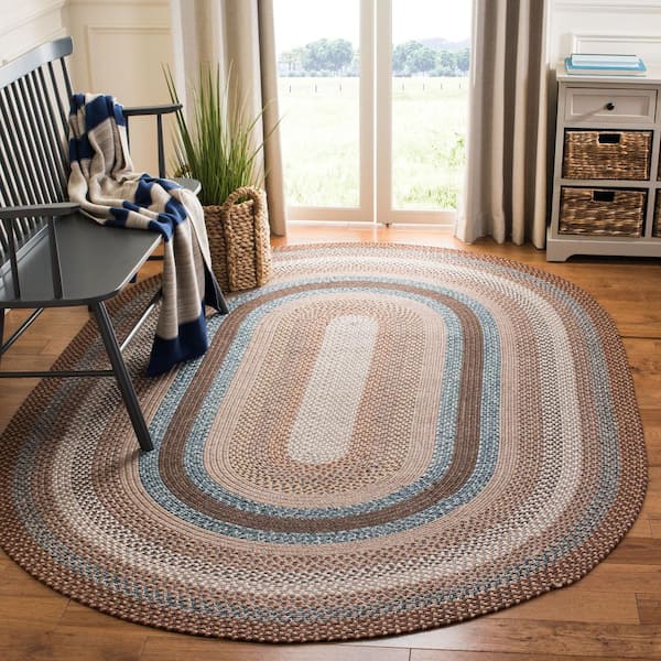 Braided Brown/Multi 7 ft. x 10 ft. Machine Washable Border Geometric Oval Area Rug