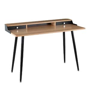 Harvey 47.50 in. Rectangular Natural Wood and Black Metal 2-Drawer Writing Desk with Black Wood Accents