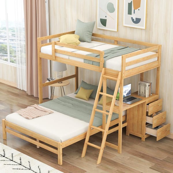 Natural Twin over Full Bunk Bed with Desk and 3 Drawers