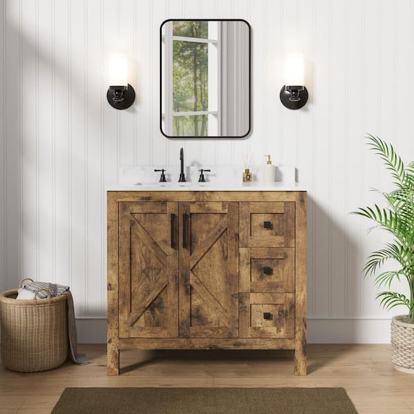 36 in. W x 22 in. D x 33.5 in. H Single Sink Freestanding Bath Vanity in walnut with Engineered stone Top (Assembled）