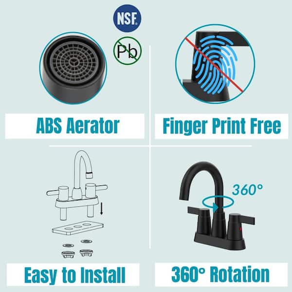 4 in. Centerset 2-Handle Bathroom Faucet with 360° Swivel Spout in Matt Black