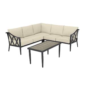 Harmony Hill 3-Piece Black Steel Outdoor Patio Sectional Sofa with CushionGuard Putty Tan Cushions