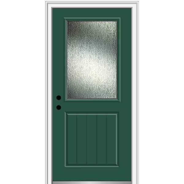 MMI Door 32 in. x 80 in. Right-Hand Inswing Rain Glass Hunter Green Fiberglass Prehung Front Door on 6-9/16 in. Frame