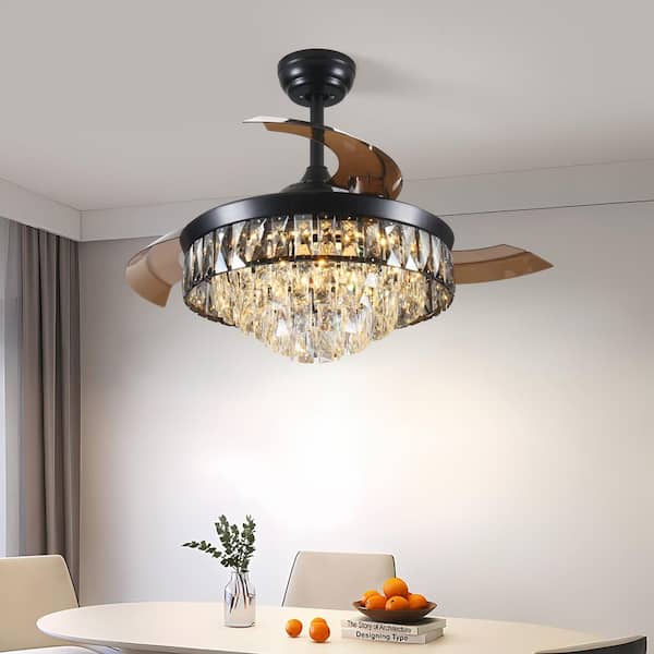 42 in. Black Indoor Crystal Retractable Ceiling Fan with Light and Reversible DC Motor, Remote Control