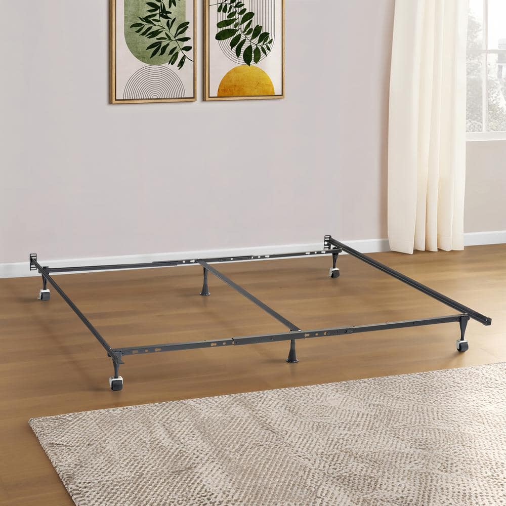 Black Metal King Bed Frame with Rollers and Center Support