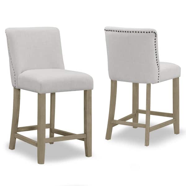 Glamour Home 24.875 in. Aleco Beige Fabric with Metal Nail Head Accents Counter Stool (Set of 2)