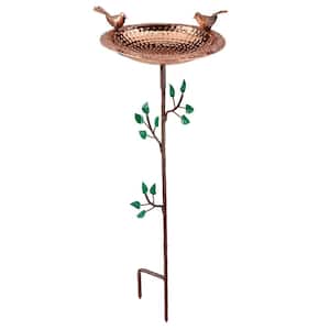 Pure Copper Birdbath, Featuring Two Copper Birds and a Tree Themed Multi-Pronged Garden Pole