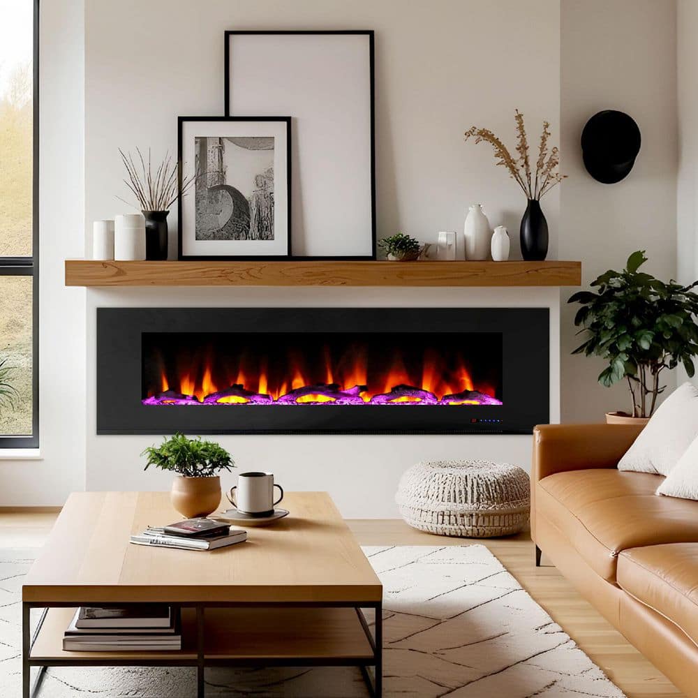 72-Inch Black Wall Mount Electric Fireplace with Multicolor LED Flames