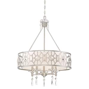 Brentwood 5-Light Glam Satin Platinum Chandelier with White Linen and Crystal Accent Shade For Dining Rooms