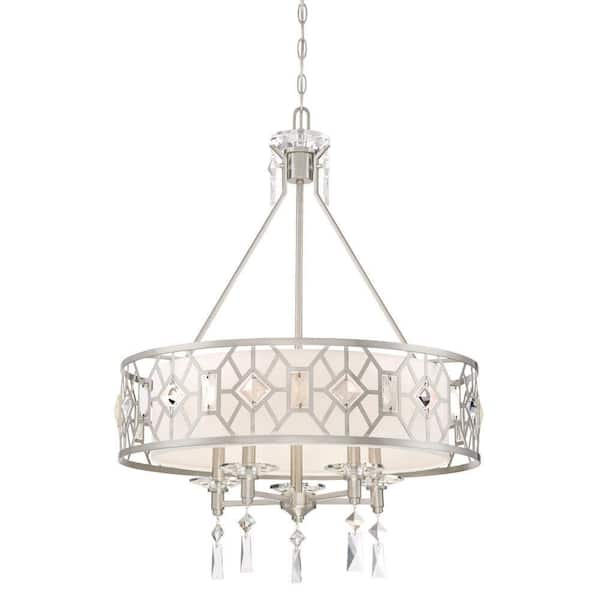 Designers Fountain Brentwood 5-Light Glam Satin Platinum Chandelier with White Linen and Crystal Accent Shade For Dining Rooms