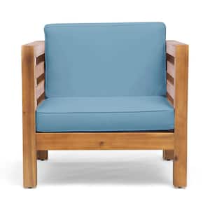 Oana Teak Brown Removable Cushions Wood Outdoor Lounge Chair with Blue Cushions