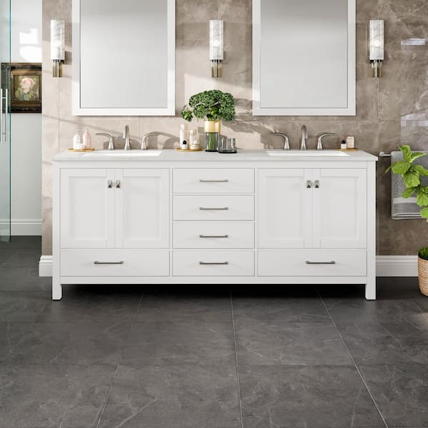 Aberdeen 78 in. Double Sink White Bath Vanity with White Carrara Quartz Top (Assembled)