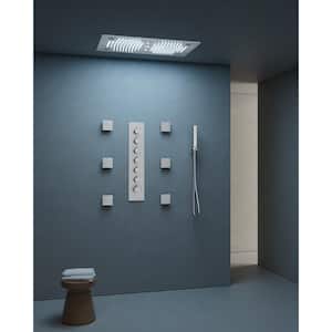 Thermostatic LED 6-Spray 28x16 in. Ceiling Mount Fixed and 2-Spray Handheld Dual Shower Head 2.5 GPM in Brushed Nickel