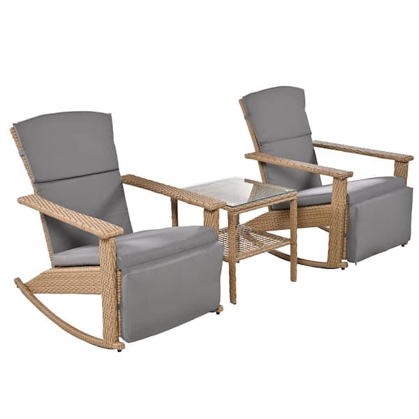 Unbranded 3-Piece Wicker Outdoor Rocking Chair with Coffee Table, , Adjustable Back, Gray Cushion, for Backyard, Garden, Poolside.