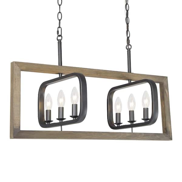 Unbranded 6-Light Linear Kitchen Island Chandelier with Distressed Wood Shades for Cozy Ambiance