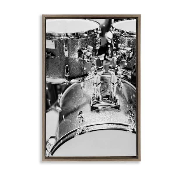 Stupell Industries Drum Set Black & White by Jennifer Rigsby Brown Floater Frame Music Graphic Art Print 25 in. x 17 in.