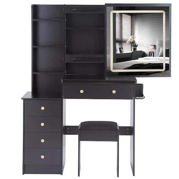 2-Piece Black Vanity Table Set with Cushioned Stool, 37" Sliding LED Mirror, 3-Color Light, 2 AC+2 USB Socket, Hair
