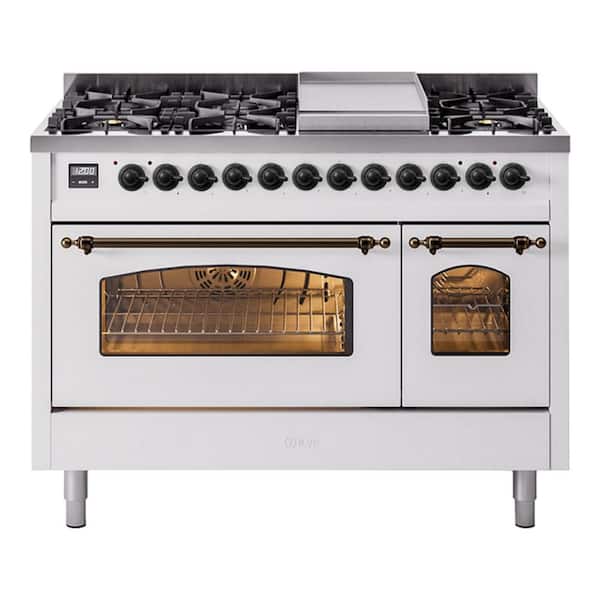 Nostalgie II 48 in. Dual Fuel Natural Gas Range with 8 Burners, Griddle, Burnished Trim in White