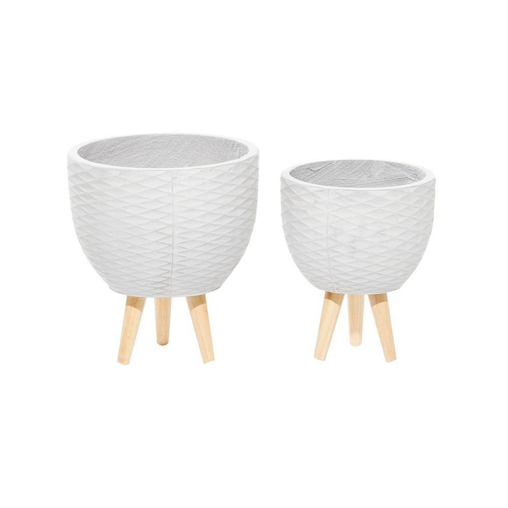 Gray Ceramic Indoor Outdoor Planters with Wooden Legs, Set of 2