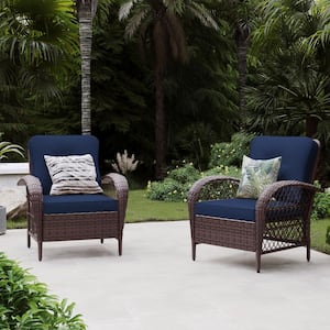 2 Pieces Outdoor Brown Wicker Patio Conversation Sofa Seating Set with Cushions in Navy Blue