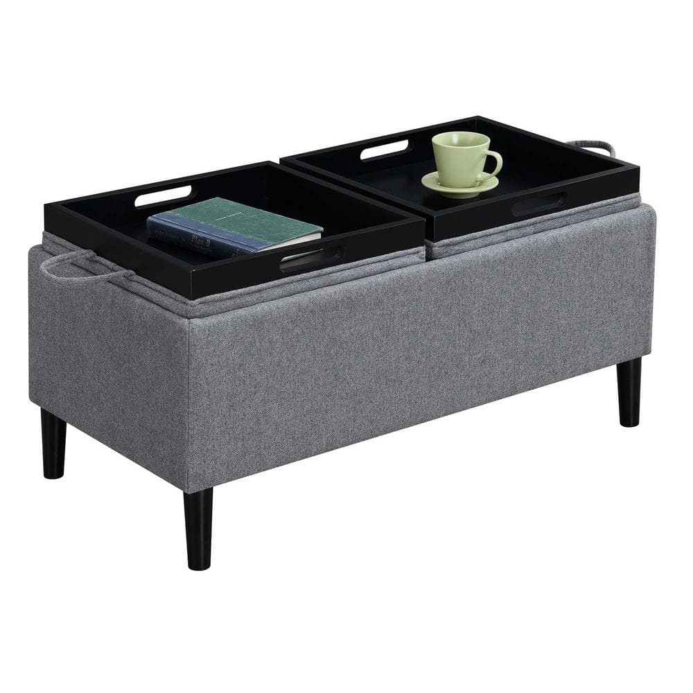 Soft Gray Fabric Storage Ottoman with Reversible Trays