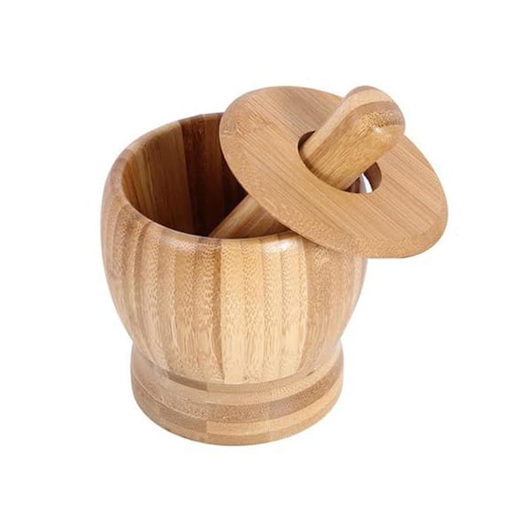 Bamboo Mortar and Pestle Set with Lid Natural Finish Garlic Ginger Herb Crusher Spice Grinder for Kitchen Easy Clean