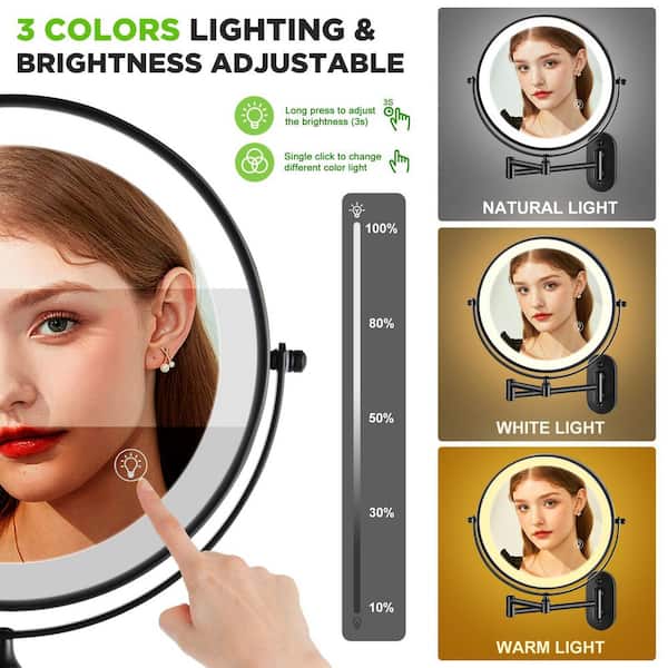 8.5 in. W x 8.5 in. H Round LED Wall Mount Bathroom Makeup Mirror with 3 Adjustable Colors, 1X/15X Magnification-Chrome