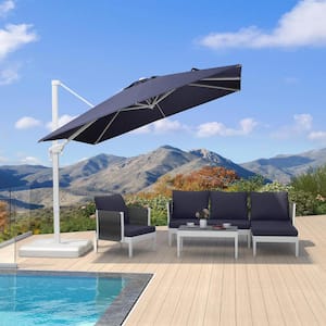 9 ft. Square Outdoor Patio Cantilever Umbrella White Aluminum Offset 360° Rotation Umbrella with Base, Navy Blue