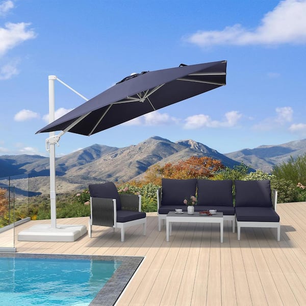 PURPLE LEAF 9 ft. Square Outdoor Patio Cantilever Umbrella White Aluminum Offset 360° Rotation Umbrella with Base, Navy Blue