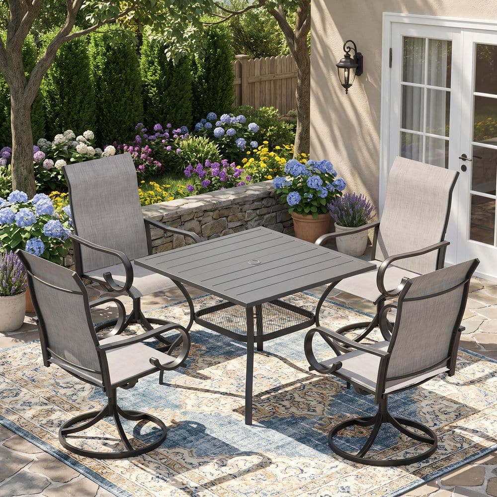 5-Piece Metal Outdoor Dining Set with 37.8 in. Gray Square Table and 4 Textilene Swivel Dining Chairs with Gray Fabric price history on PriceWatchPro