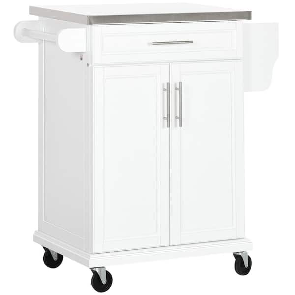 Tileon White Stainless Steel 33 in. Kitchen Island, Small Utility Storage Trolley with Drawer, 2-Tier Cabinet and Spice Rack